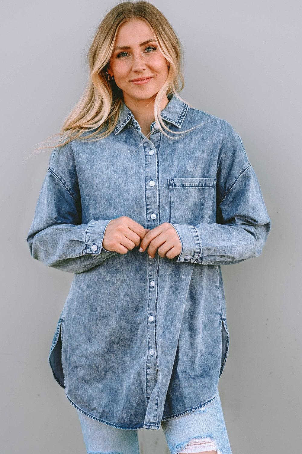 Button Up Dropped Shoulder Denim Top Carauana Store