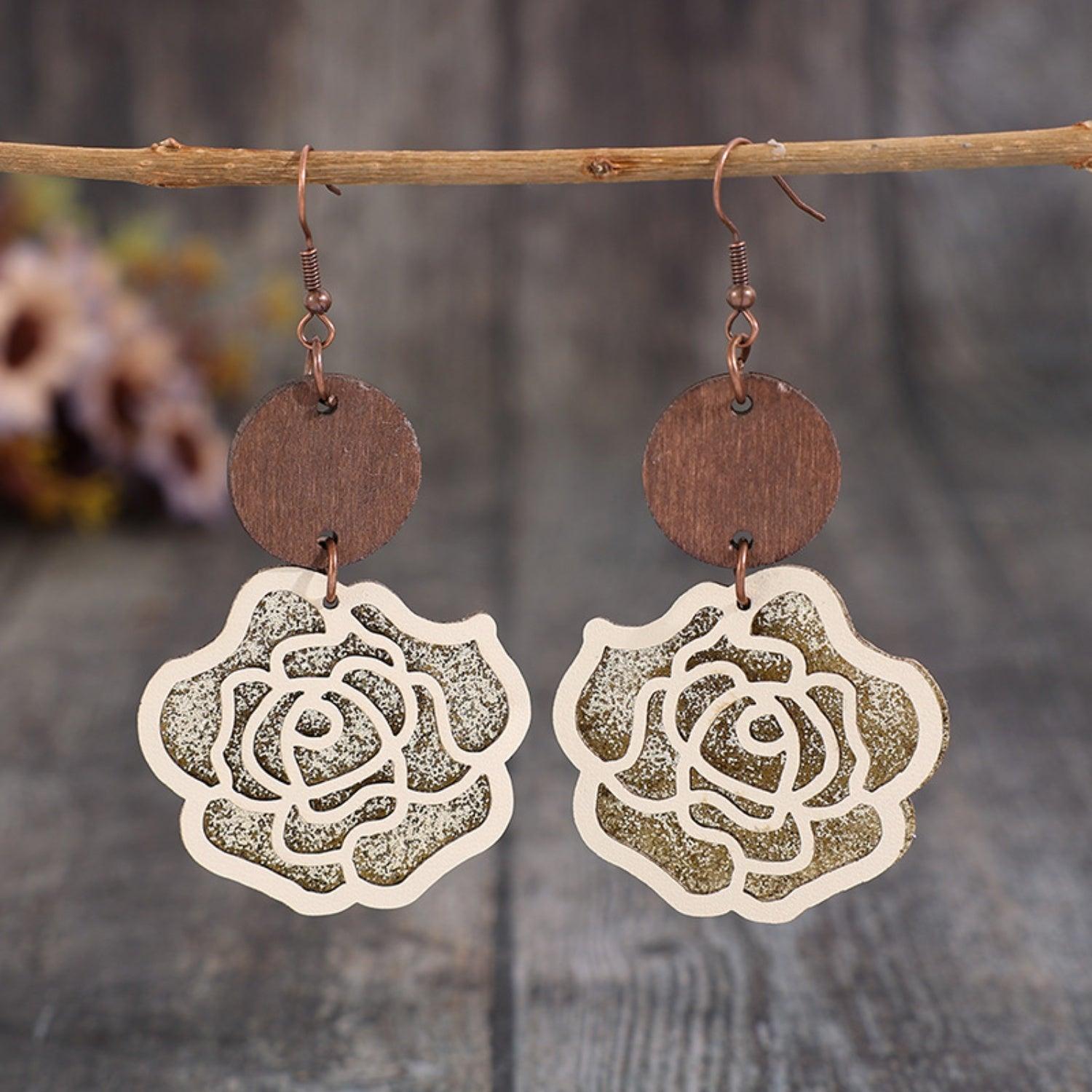 Wooden Alloy Rose Shape Dangle Earrings CaRaUaNa Fashion