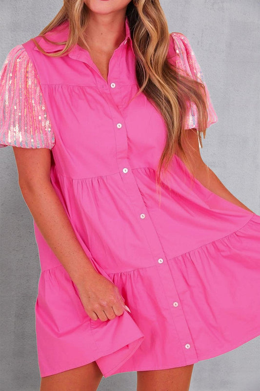 Sequin Button Up Tiered Dress