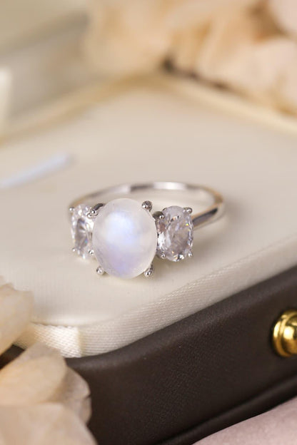 High Quality Natural Moonstone 925 Sterling Silver Three Stone Ring