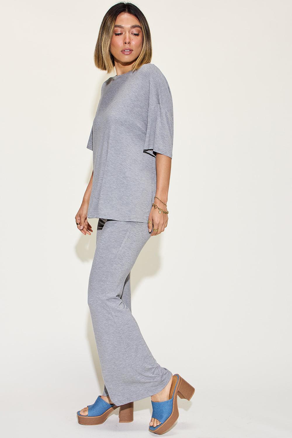 Basic Bae Full Size Bamboo Drop Shoulder T-Shirt and Flare Pants Set