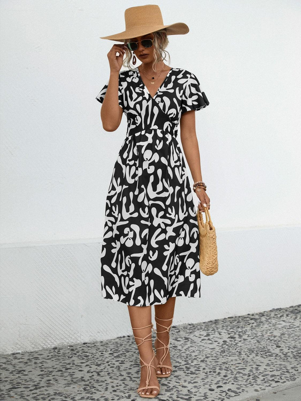 Printed V-Neck Short Sleeve Dress Carauana Store