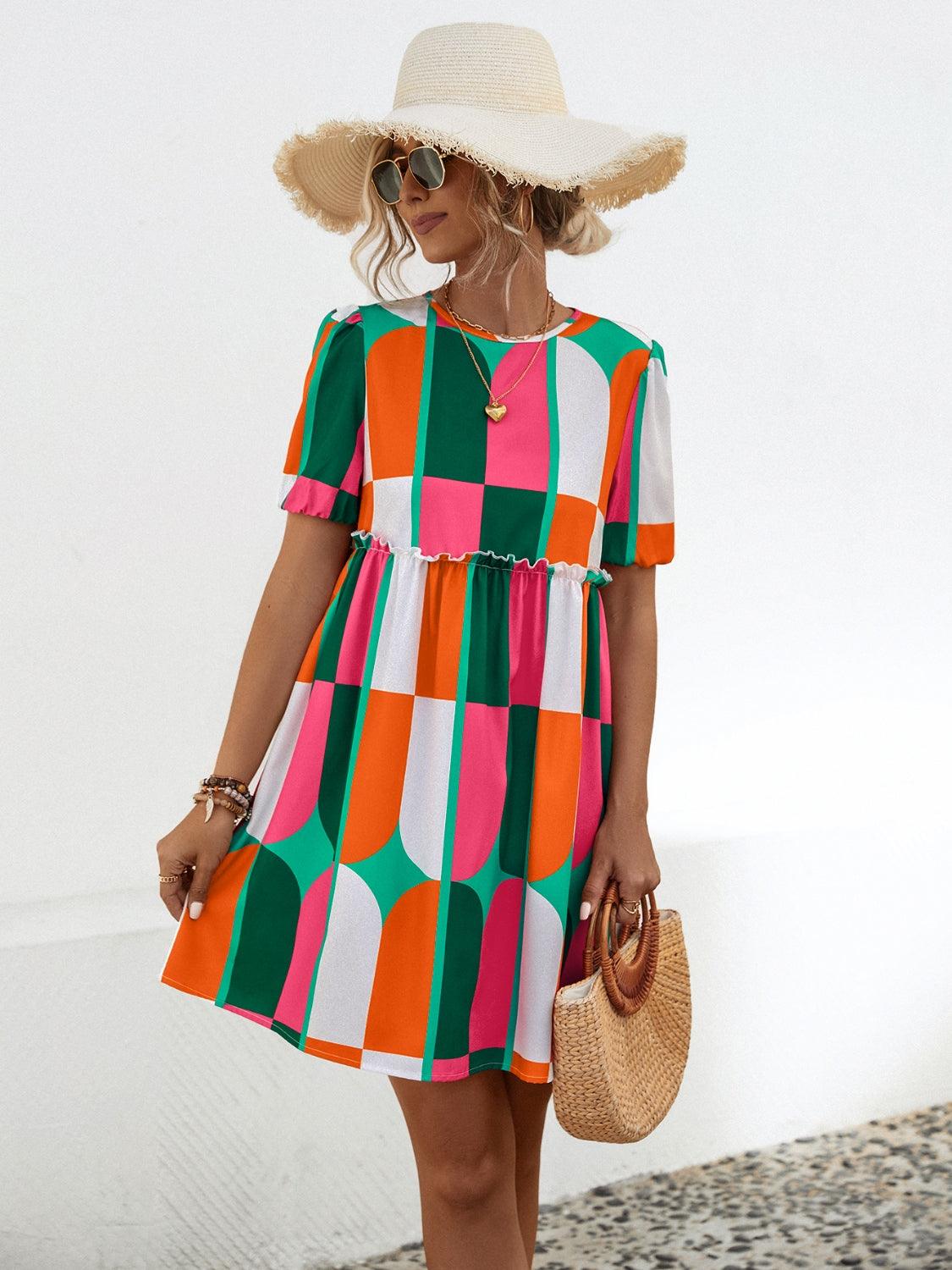 Geometric Frill Round Neck Short Sleeve Dress