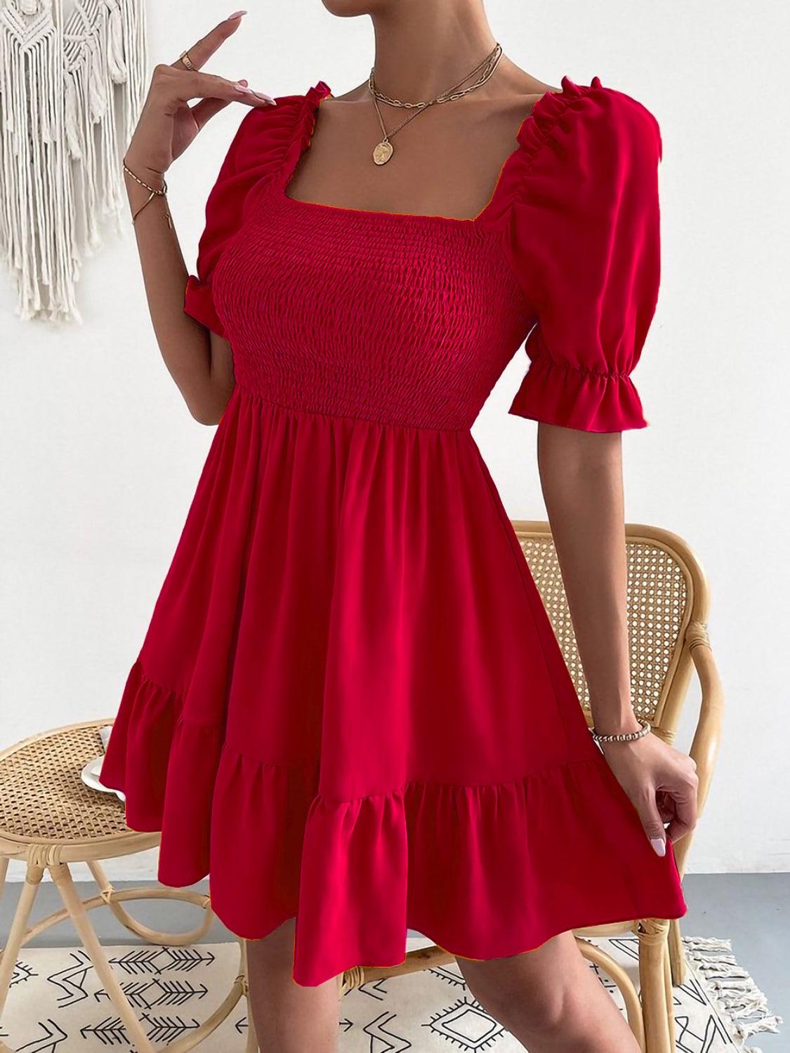 Smocked Square Neck Short Sleeve Dress