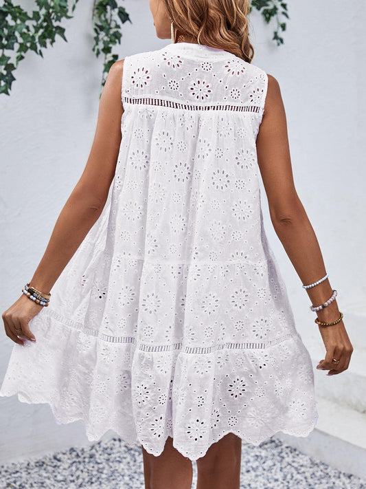 Eyelet Tie Neck Sleeveless Mini Dress Carauana Store