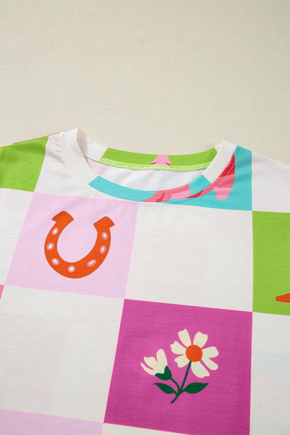 T-shirt à col rond violet à carreaux style western