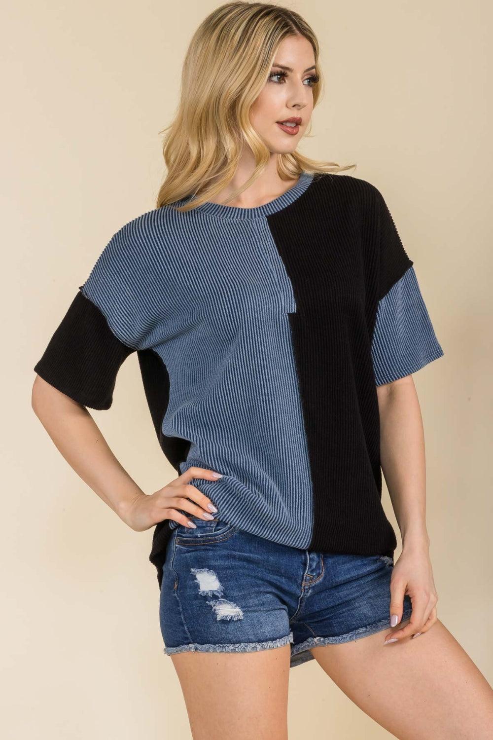 Celeste Full Size Ribbed Color Block Short Sleeve T-Shirt