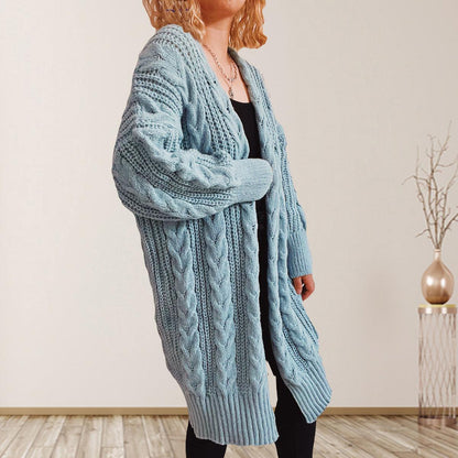 Cable-Knit Open Front Dropped Shoulder Cardigan