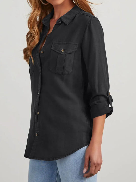 Collared Neck Roll-Tab Sleeve Denim Top Carauana Store
