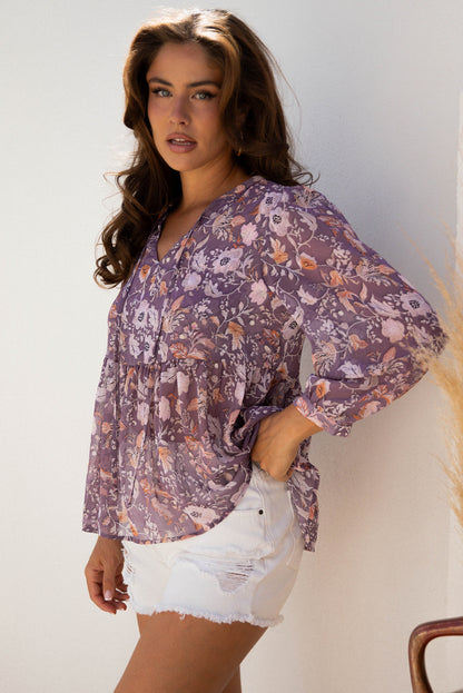 Blue Boho Flower Print 3/4 Sleeve Babydoll Blouse