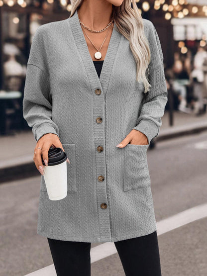 Textured Button Down V-Neck Long Sleeve Cardigan