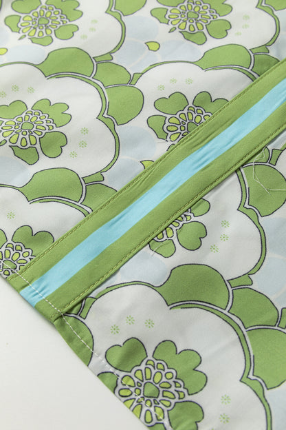 Green Floral Clouds Ruffled Short Sleeve Summer Blouse