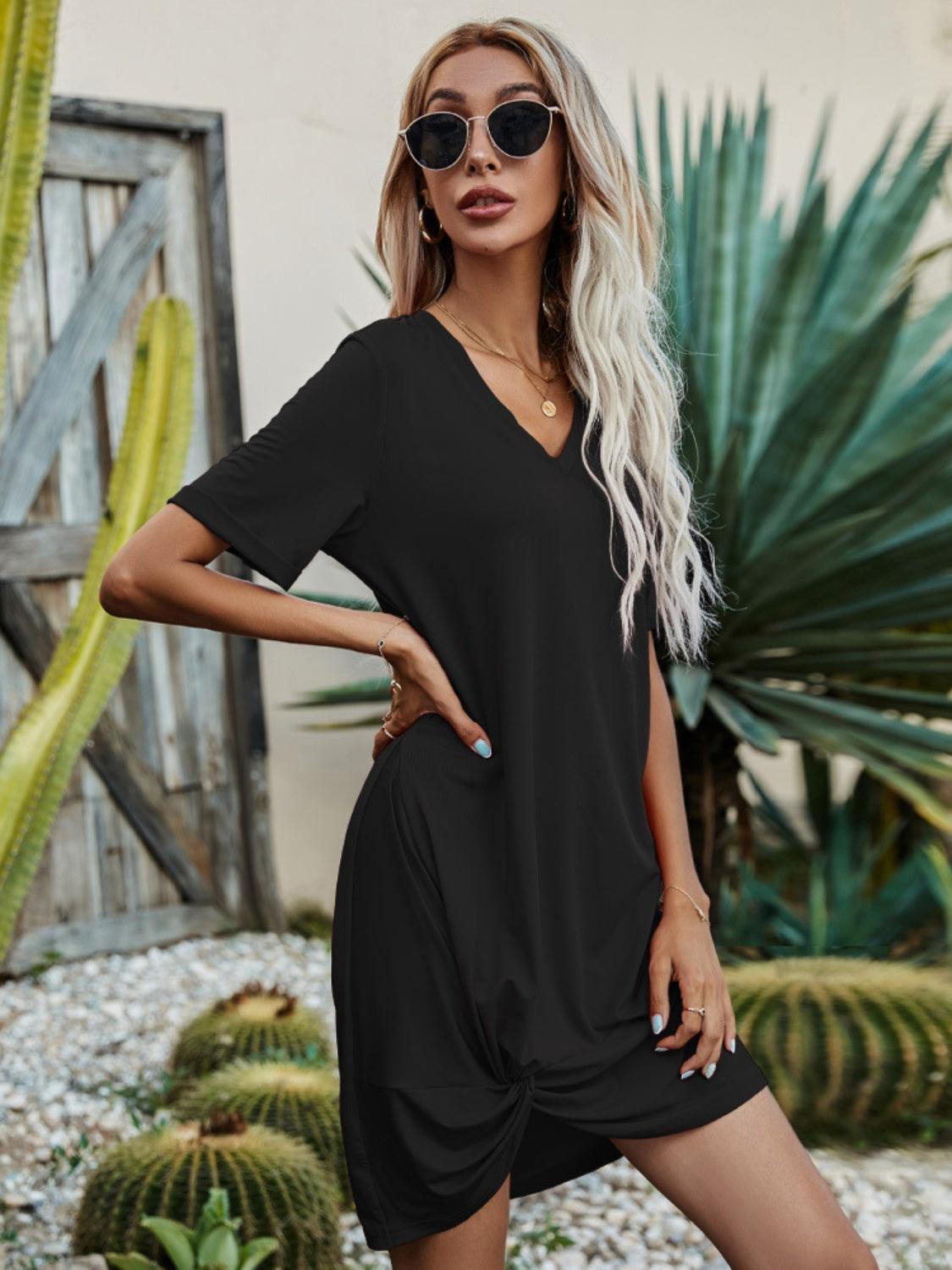 V-Neck Short Sleeve Mini Dress