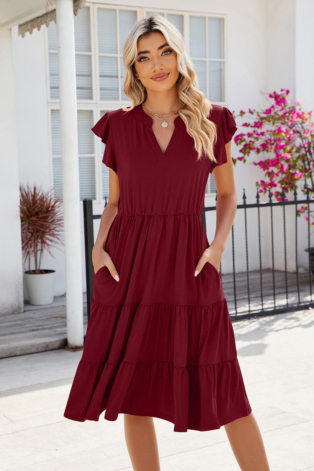 Ruched Notched Cap Sleeve Dress