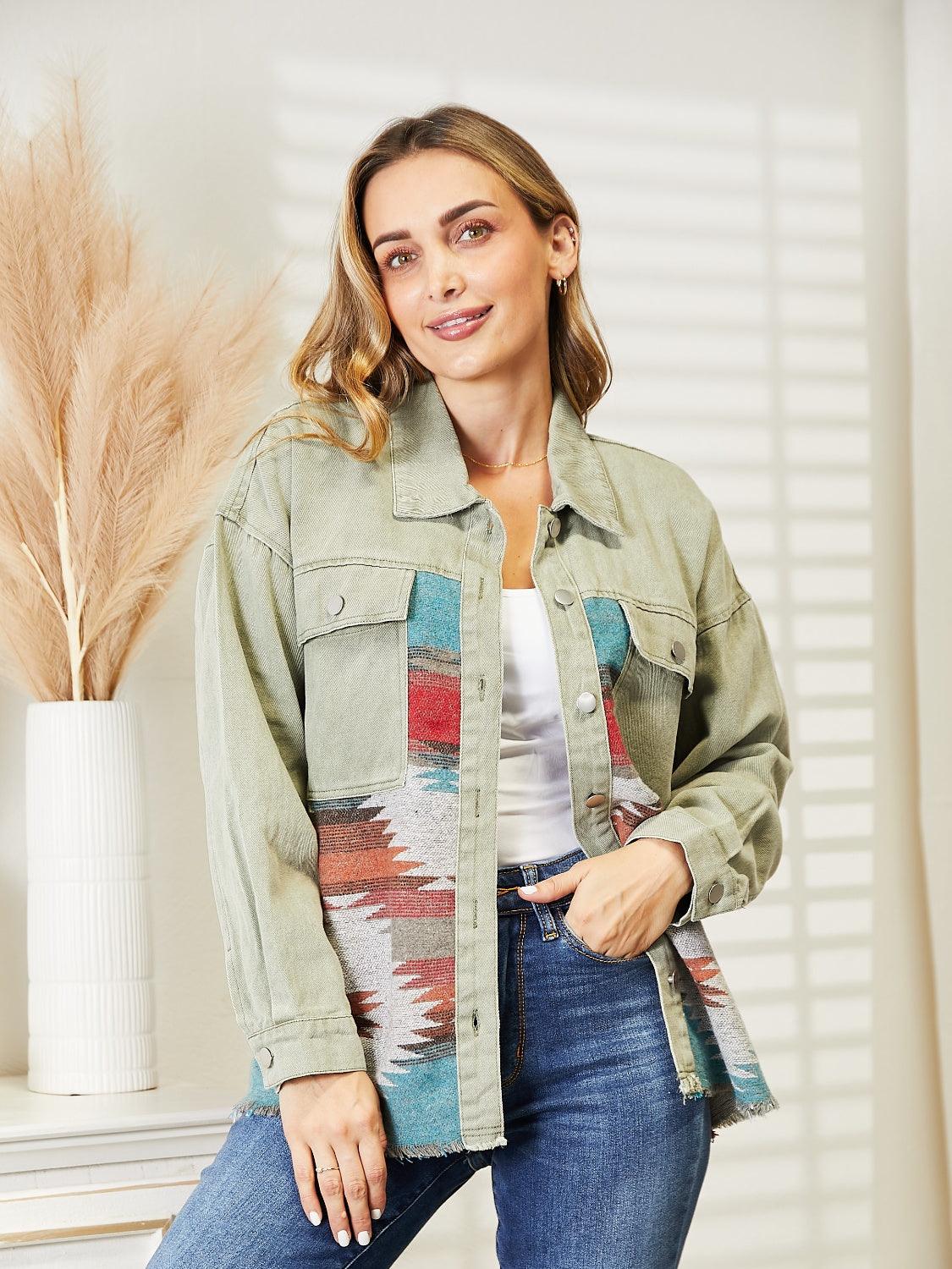 Dropped Shoulder Long Sleeve Printed Denim Jacket Carauana Store