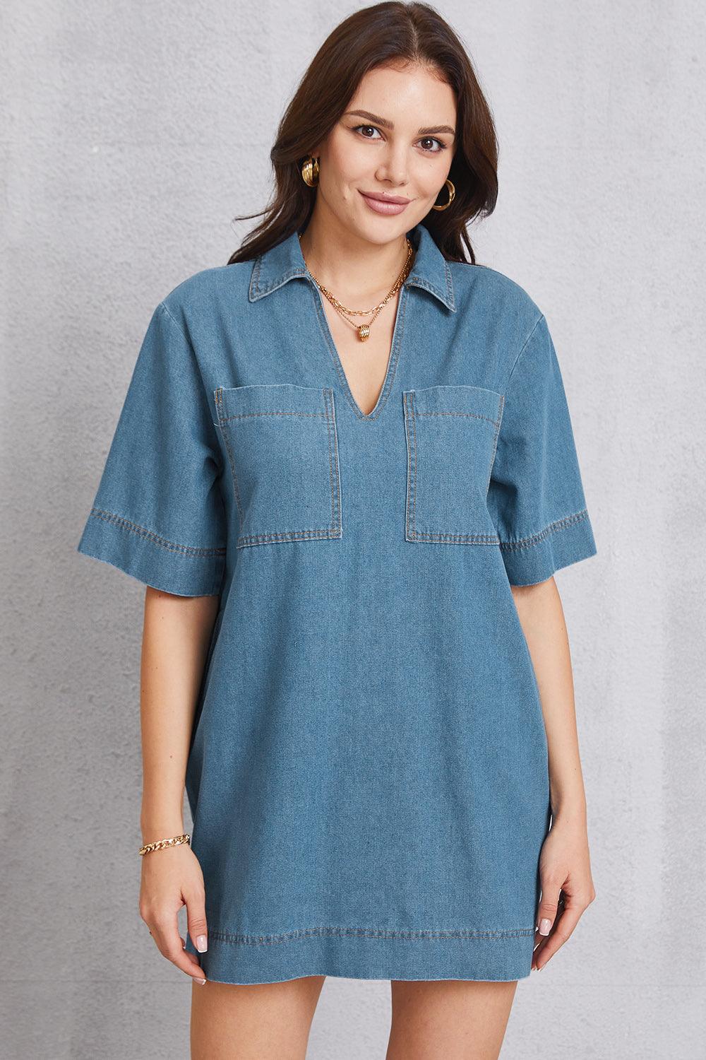 Pocketed Collared Neck Mini Denim Dress Carauana Store