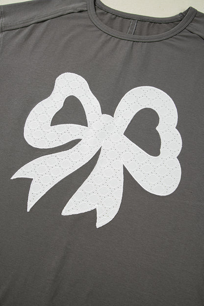Medium Grey Lace Bow Raw Edge Drop Shoulder Casual T Shirt