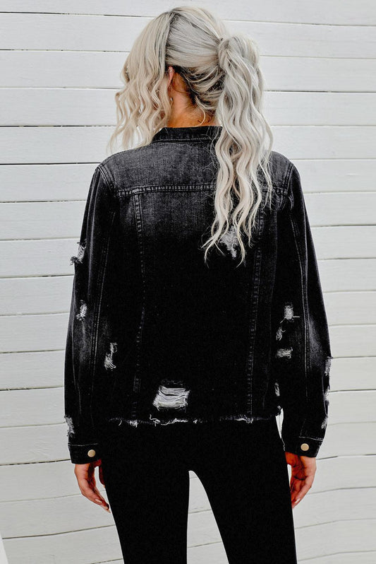 Distressed Raw Hem Denim Jacket Carauana Store