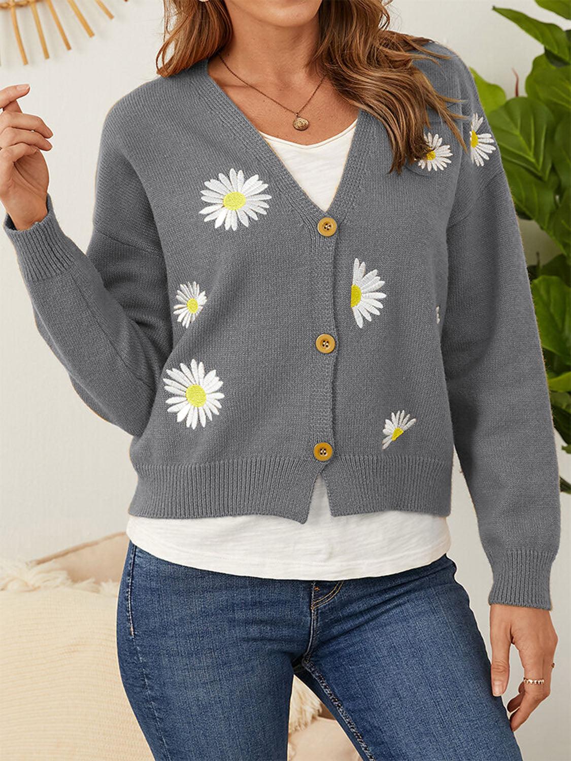 Flower Button Front Dropped Shoulder Cardigan