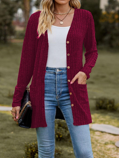 Ribbed Button Up Long Sleeve Cardigan