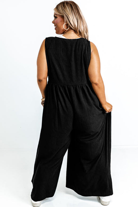 Black Plus Size Sleeveless Button Front Loose Jumpsuit