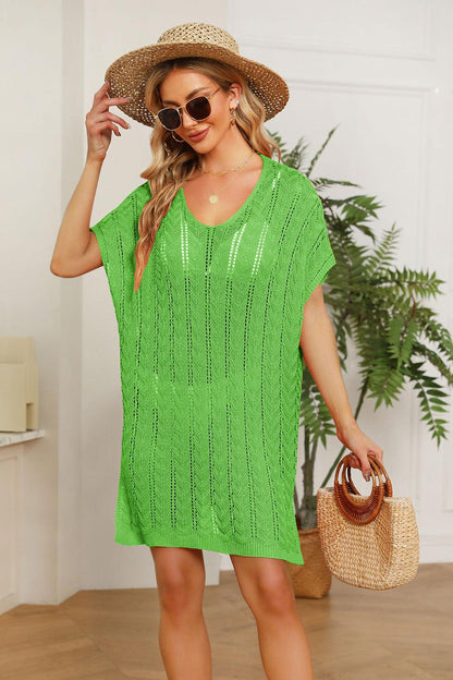 Double Take Openwork Short Sleeve Slit Knit Cover Up