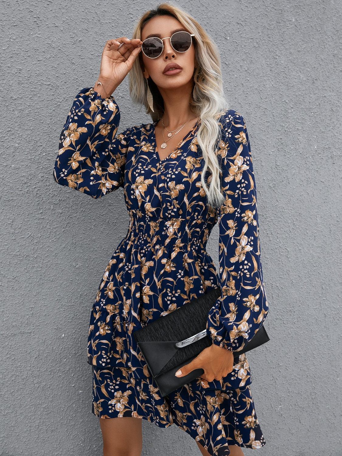 Floral Layered Surplice Balloon Sleeve Dress