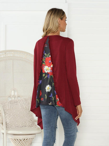 Shiny Floral Open Front Long Sleeve Cardigan