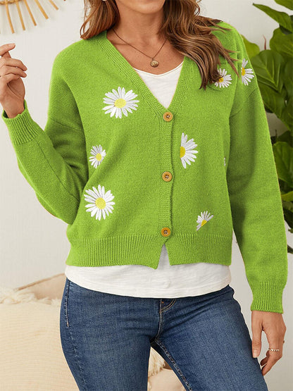 Flower Button Front Dropped Shoulder Cardigan