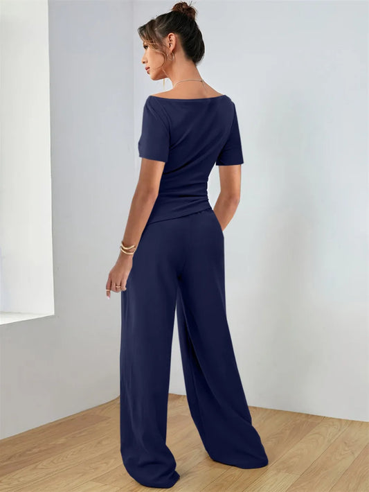 Round Neck Short Sleeve T-Shirt and Pants Set Carauana Store