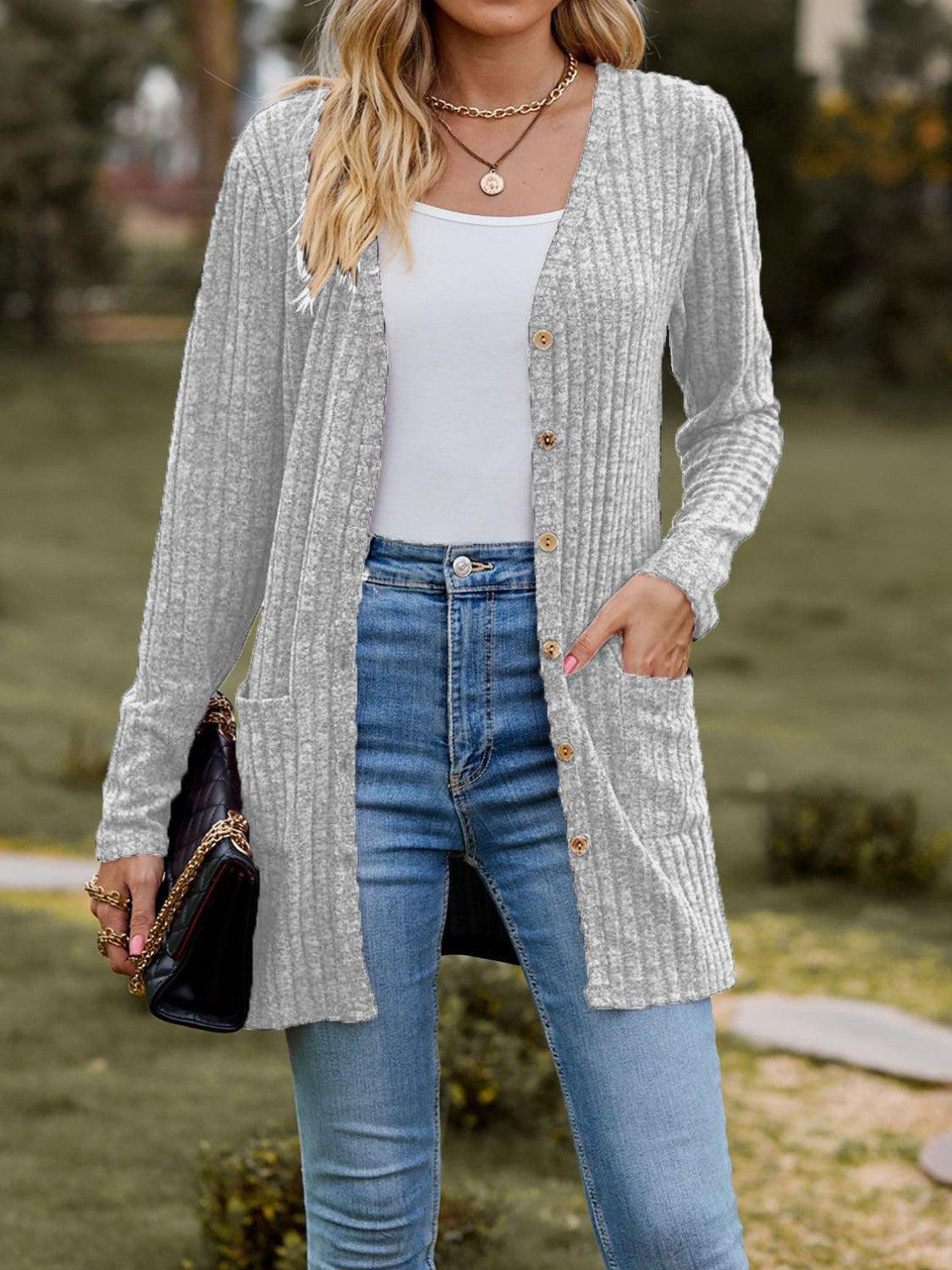 Ribbed Button Up Long Sleeve Cardigan