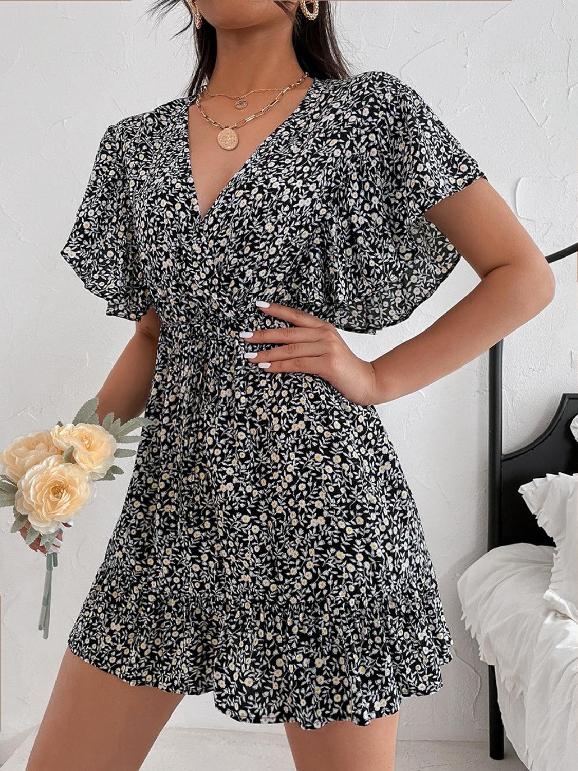 Cutout Ditsy Floral Surplice Flounce Sleeve Dress