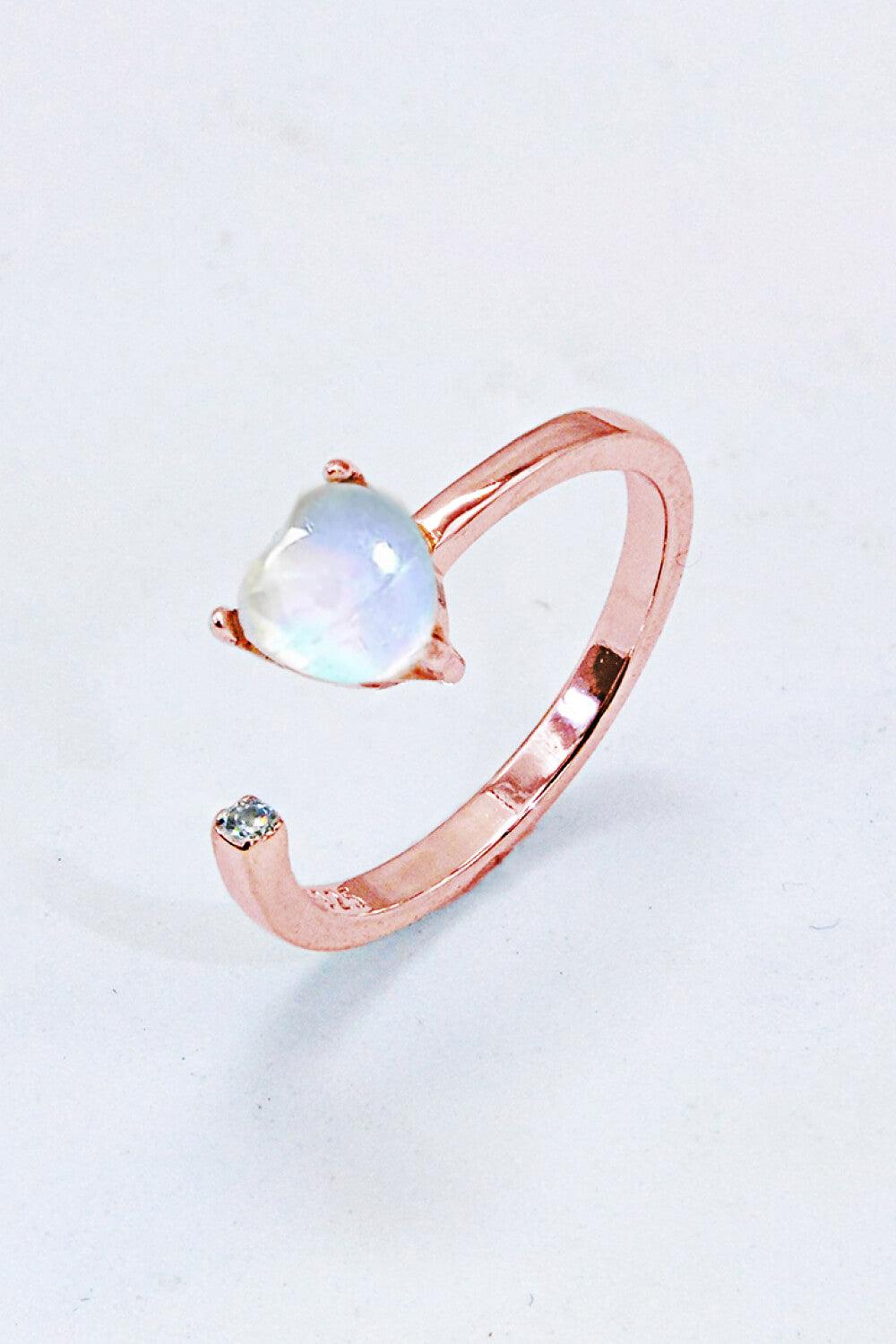 Inlaid Moonstone Heart Adjustable Open Ring