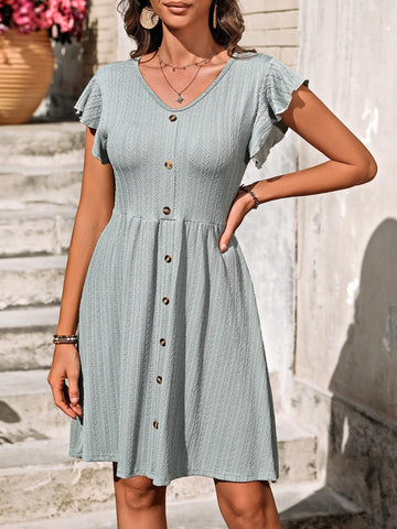 Decorative Button Ruffled V-Neck Dress