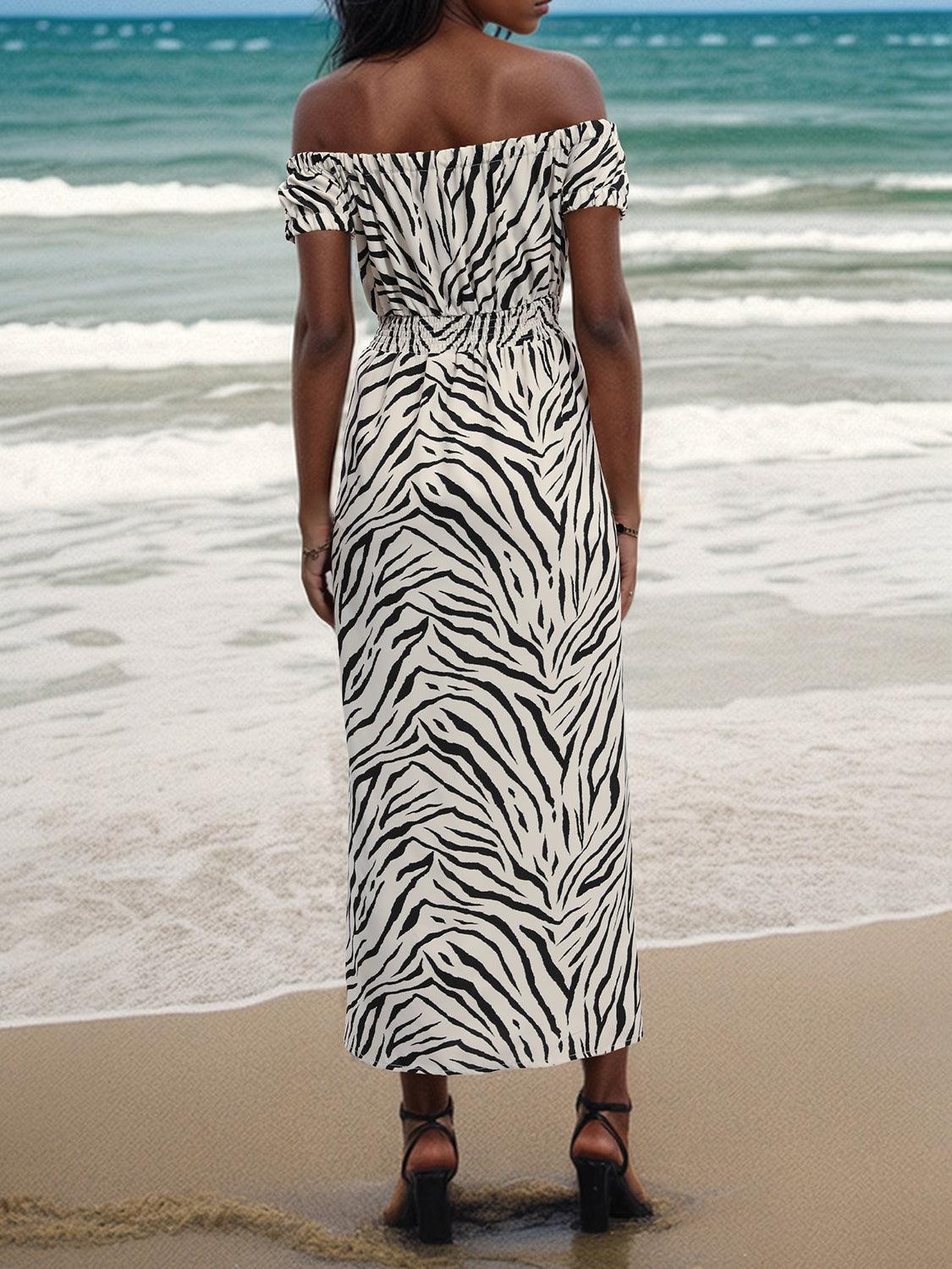 Slit Animal Print Off-Shoulder Midi Dress