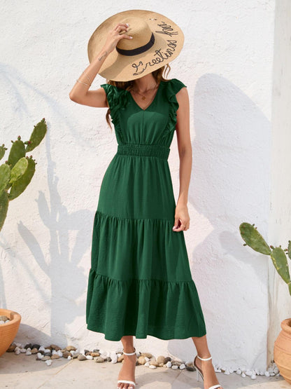 Tiered Ruffled V-Neck Cap Sleeve Dress