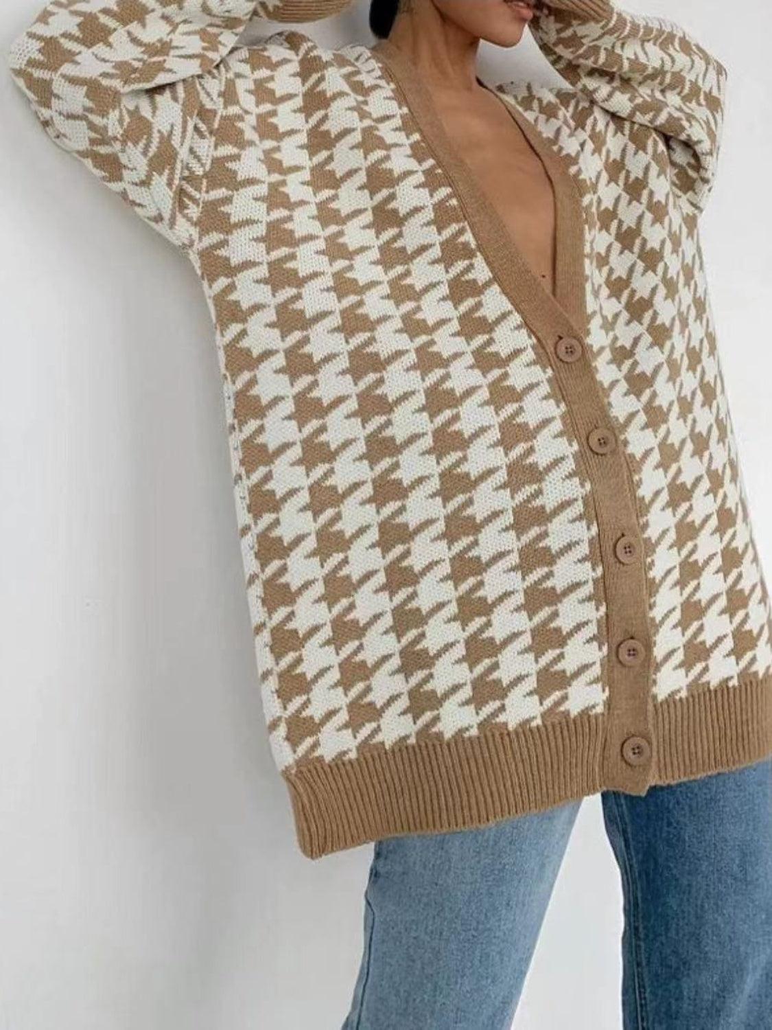 Houndstooth Button Up Long Sleeve Cardigan