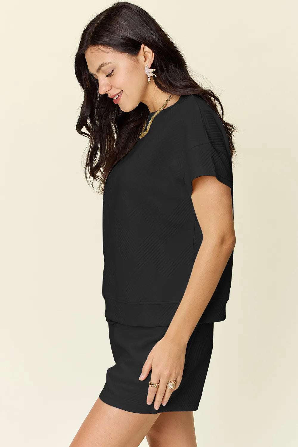 Double Take Full Size Texture Short Sleeve T-Shirt and Drawstring Shorts Set CaRaUaNa Fashion