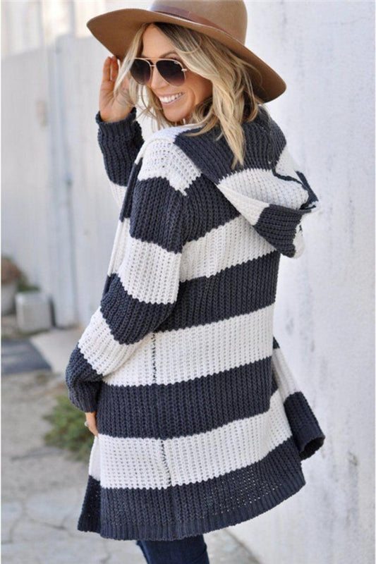 Contrast Stripes Open Front Long Sleeve Cardigan Carauana Store