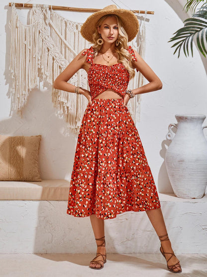 Cutout Printed Tie Shoulder Midi Dress