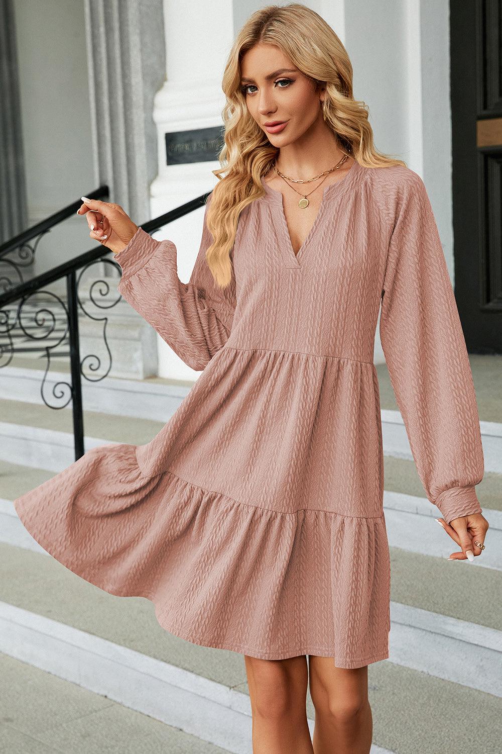 Ruched Notched Long Sleeve Mini Dress