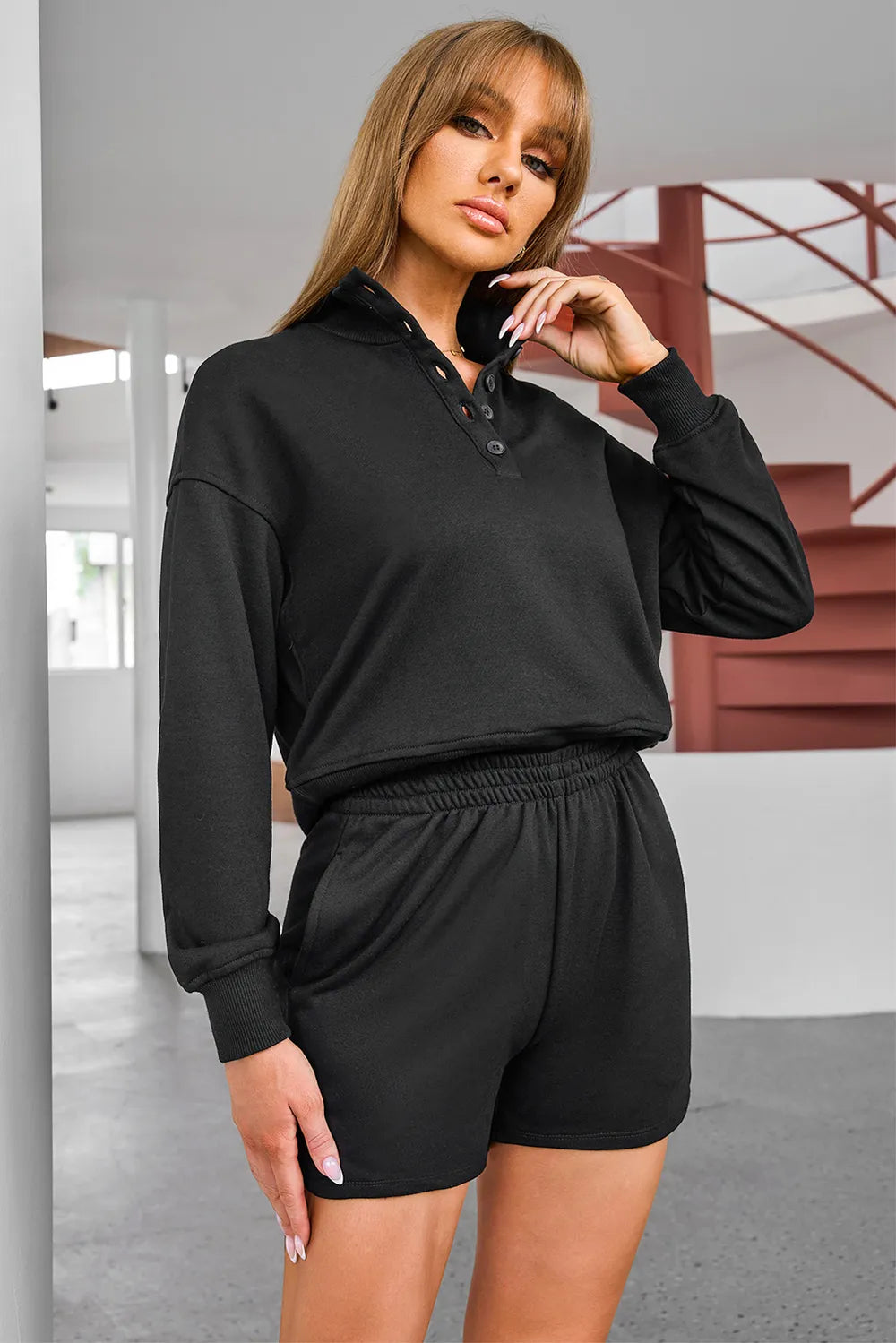 Half Button Sweatshirt and Shorts Active Set Carauana Store
