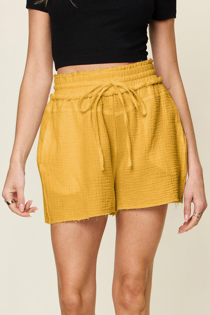 Double Take Full Size Texture Raw Trim Drawstring Shorts