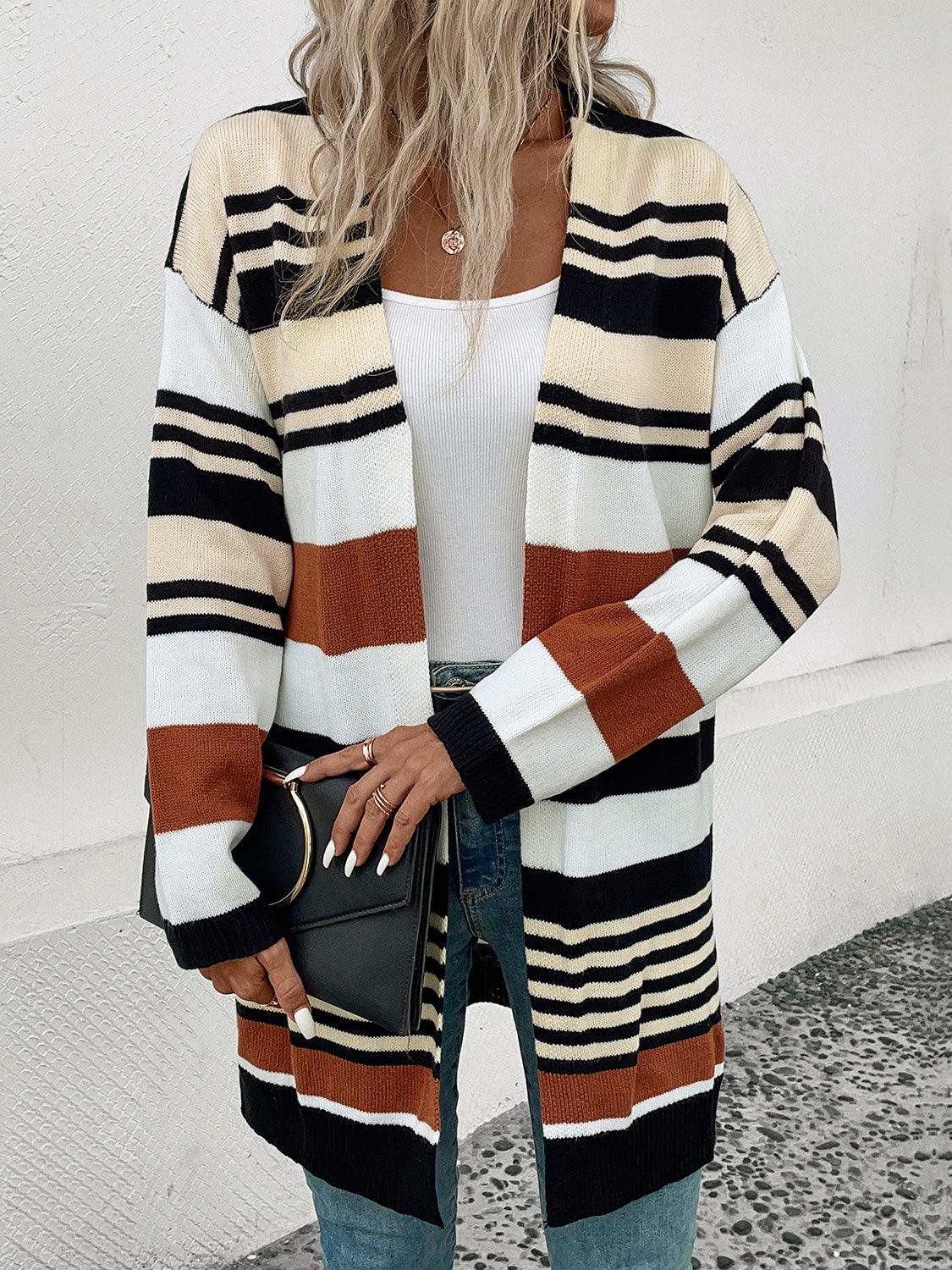 Perfee Striped Open Front Drop Shoulder Cardigan