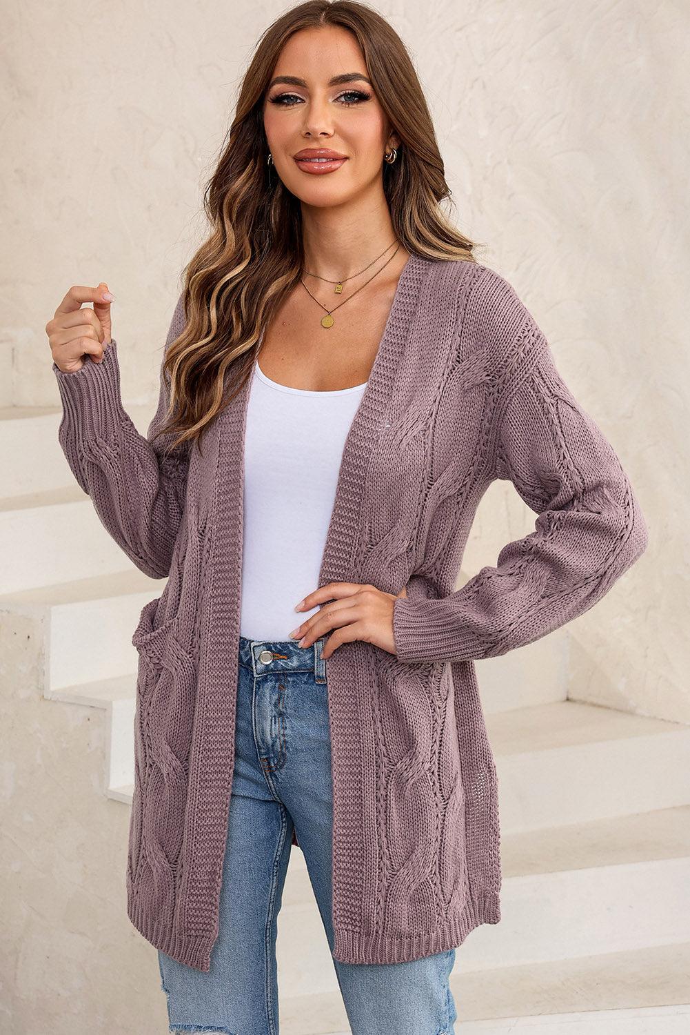 Cable-Knit Dropped Shoulder Slit Cardigan