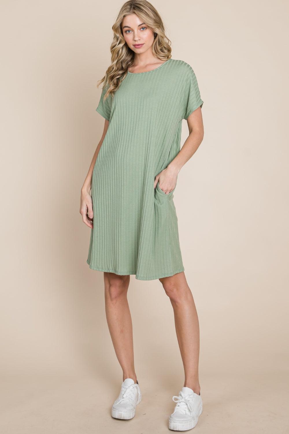 BOMBOM Ribbed Round Neck Short Sleeve Dress