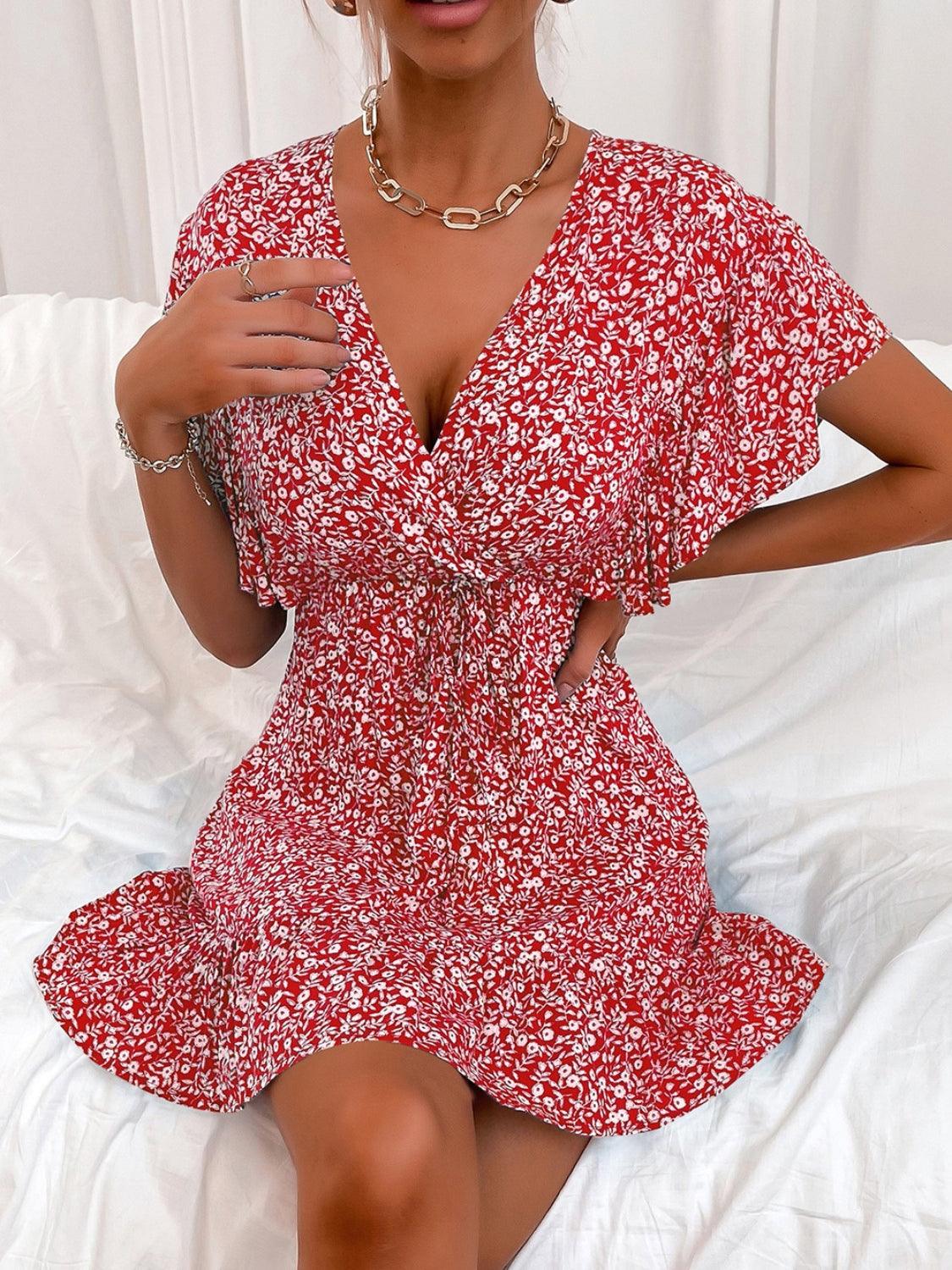 Cutout Ditsy Floral Surplice Flounce Sleeve Dress