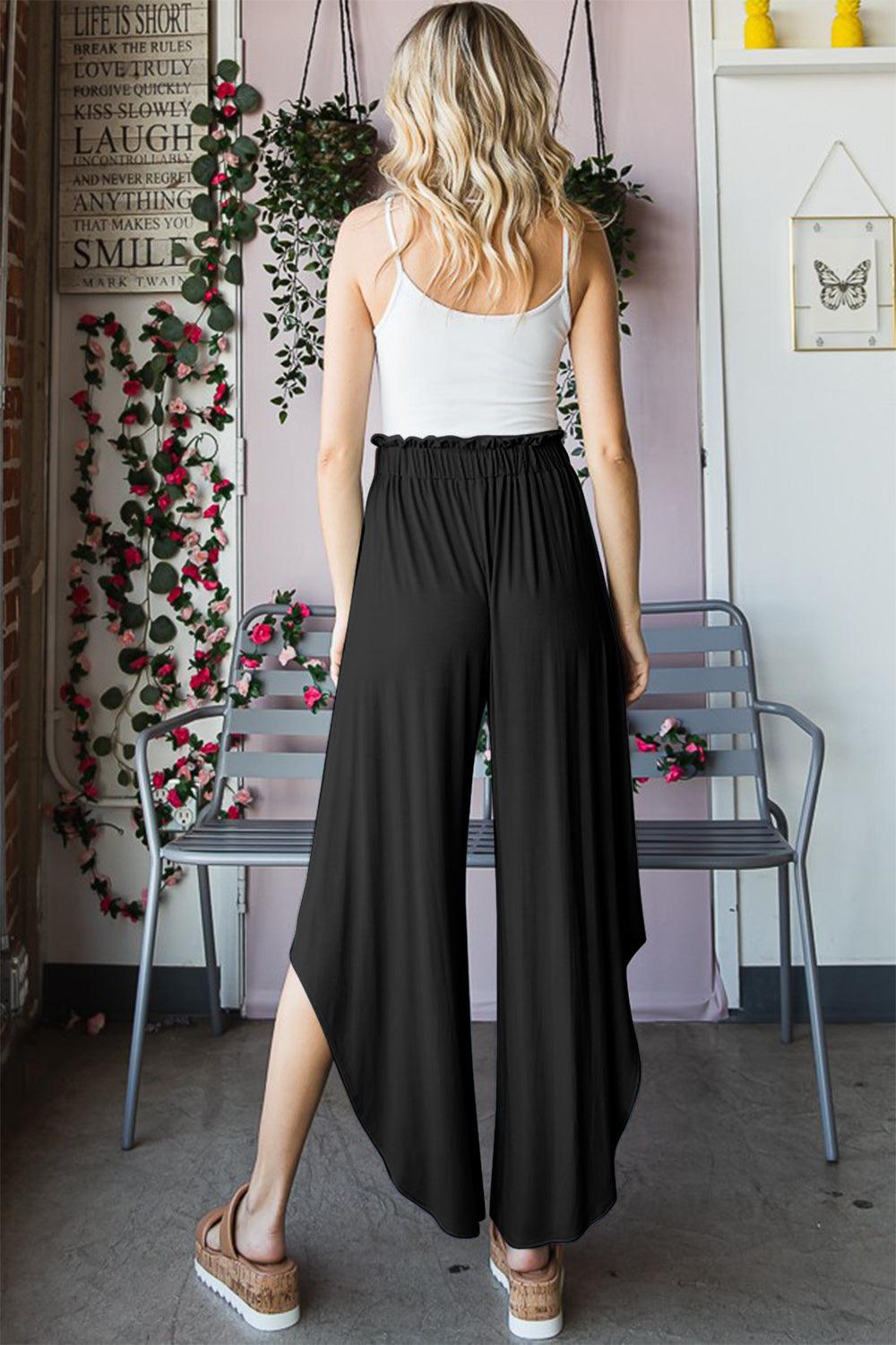 Heimish Full Size Frill Slit High Waist Wide Leg Pants