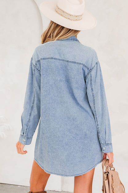 Beau Blue Chest Pocket Raw Hem Denim Loose Shirt Dress