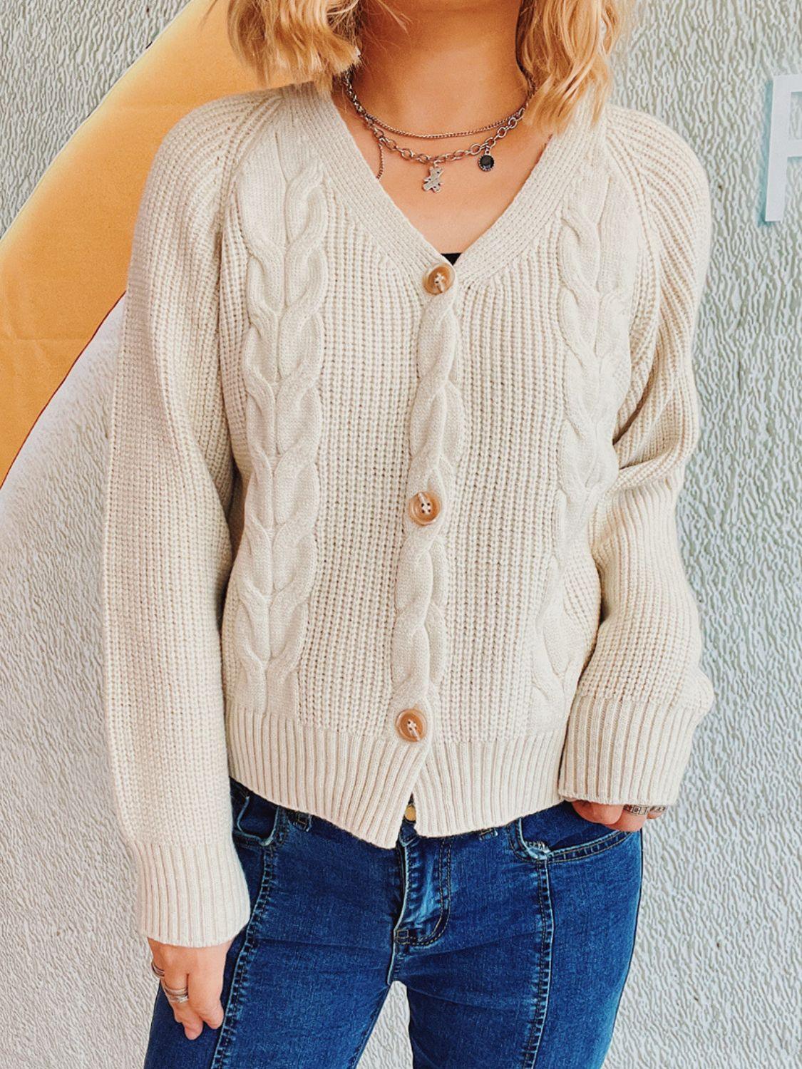 Cable-Knit V-Neck Button Down Long Sleeve Cardigan